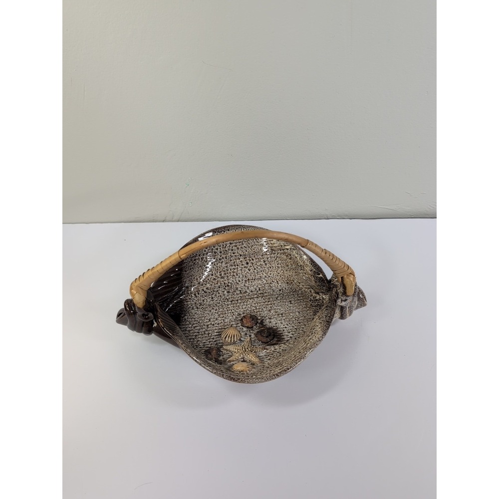 Rare Shell Shape Glazed Ceramic Candy Nut Bowl With Handle Decor Basket